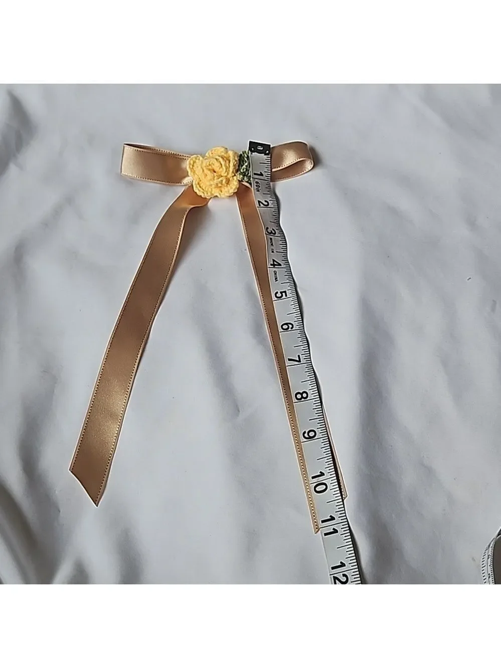 Gold Bow Hair Clip Yellow Crochet Rose Handmade